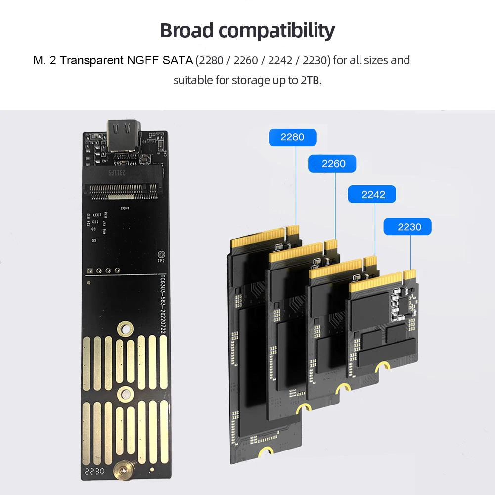 M.2 NGFF SATA タイプ C USB 3.1 ハードディスクボックス 10Gbps 透明外部 SSD ケース SSD エンクロージャ 2230/2242/2260/2280 用
