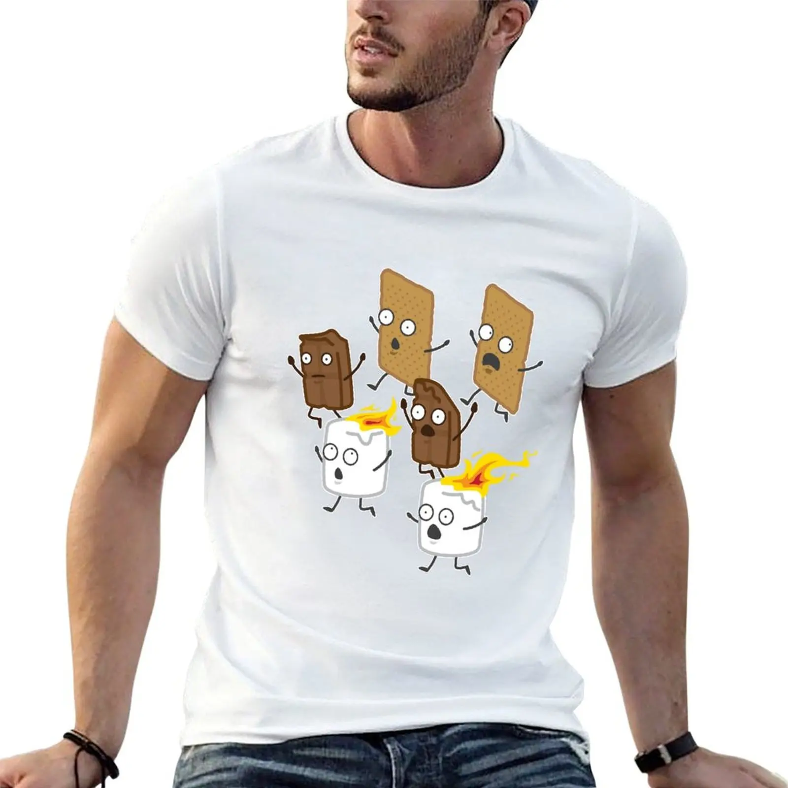 Happy Camper Running Smores T-Shirt Minimalist Plain Crew Neck T-Shirt