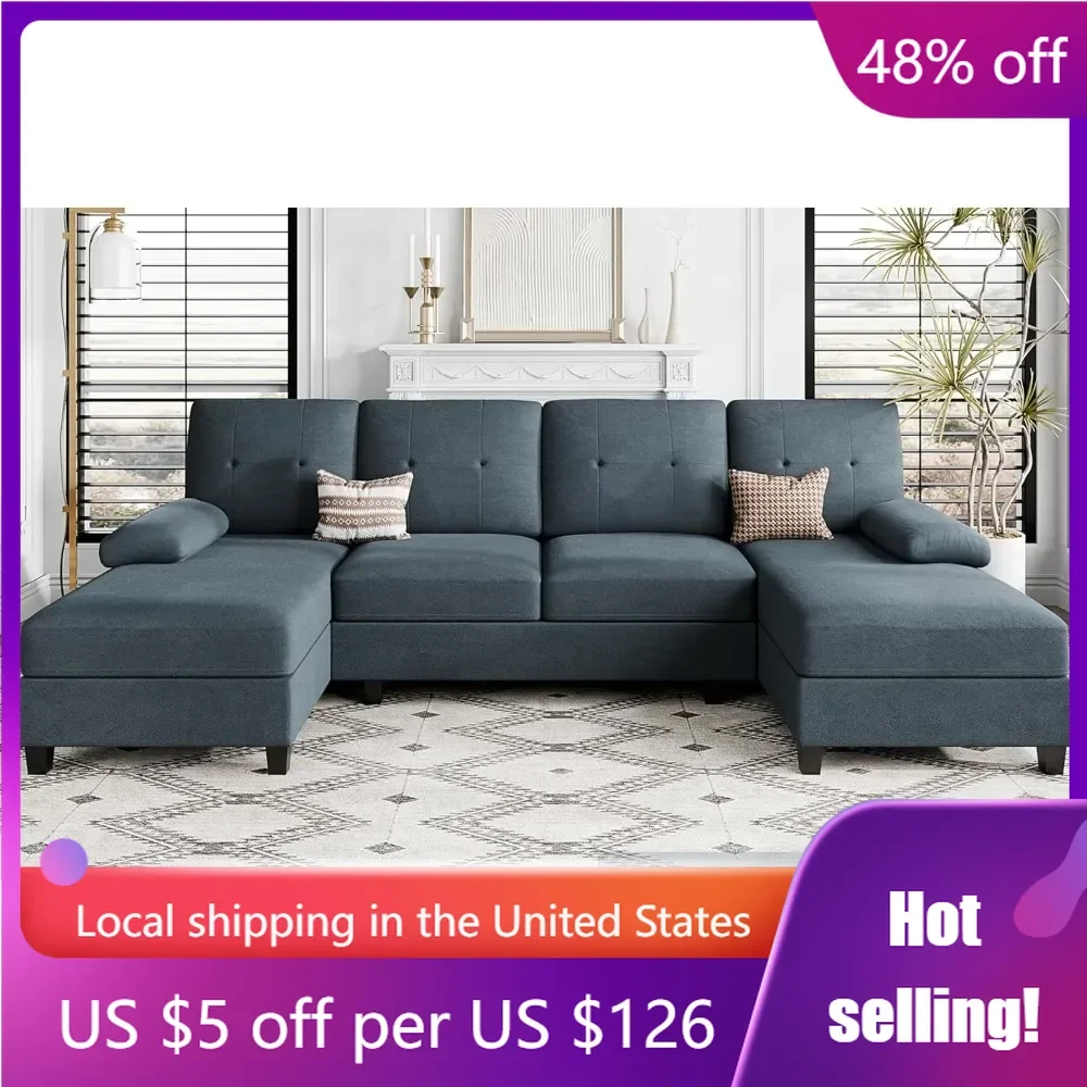 U Shaped Sectional Sofa with Double Chaise,4-Seat Living Room Furniture Sets with Soft Cushion & Linen Fabric, Dark Grey