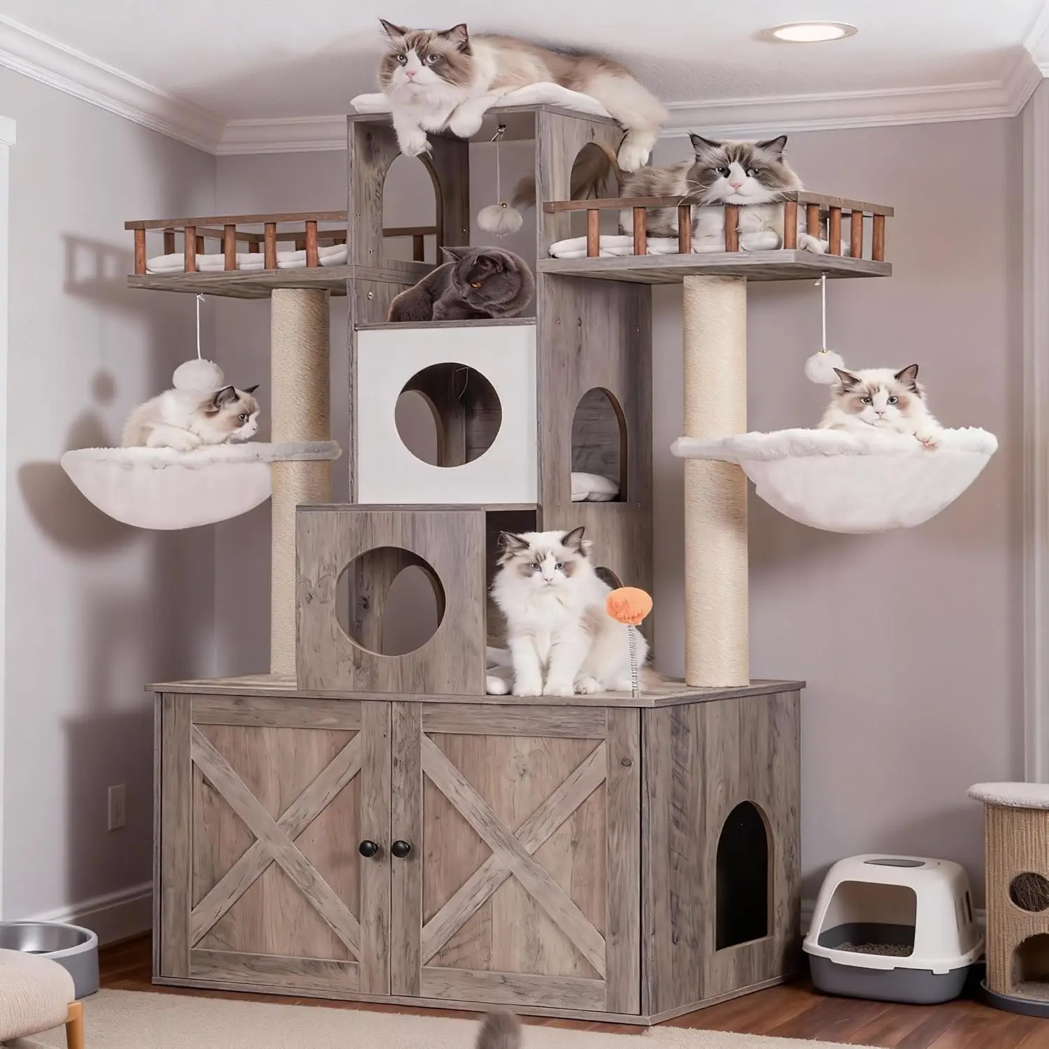 

Cat Tree with Litter Box Enclosure for Large Cats, Heavy Duty Cat Tower with Scratching Posts, Rustic Gray