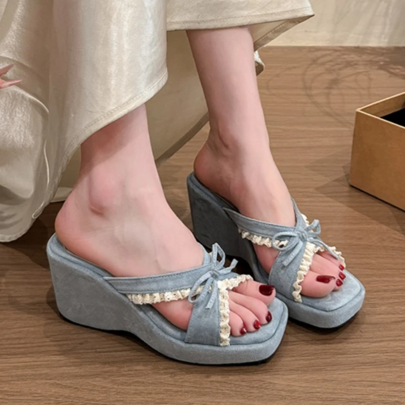 Fashion Bow Wedges Women's Slippers Sexy Lace High Heels Shoes Designer Dress Open Toe Sandals Casual Walking Slides Femme Pumps