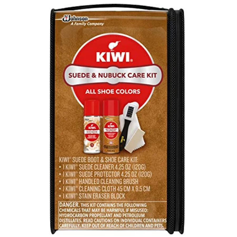Kit de limpieza de zapatos KIWI para calzado, botas y más, incluye limpiador, protector, cepillo, paño y bloque de goma limpiadora.