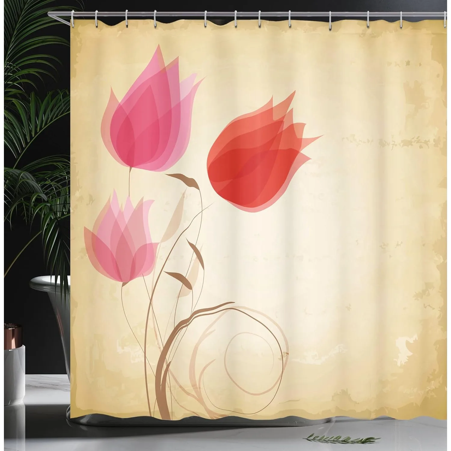 

Занавеска для душа Ambesonne с цветочным рисунком - цветущий дизайн тюльпанов, тема красоты природы, песочно-коричневый, красный, розовый, в комплект входят 12 крючков