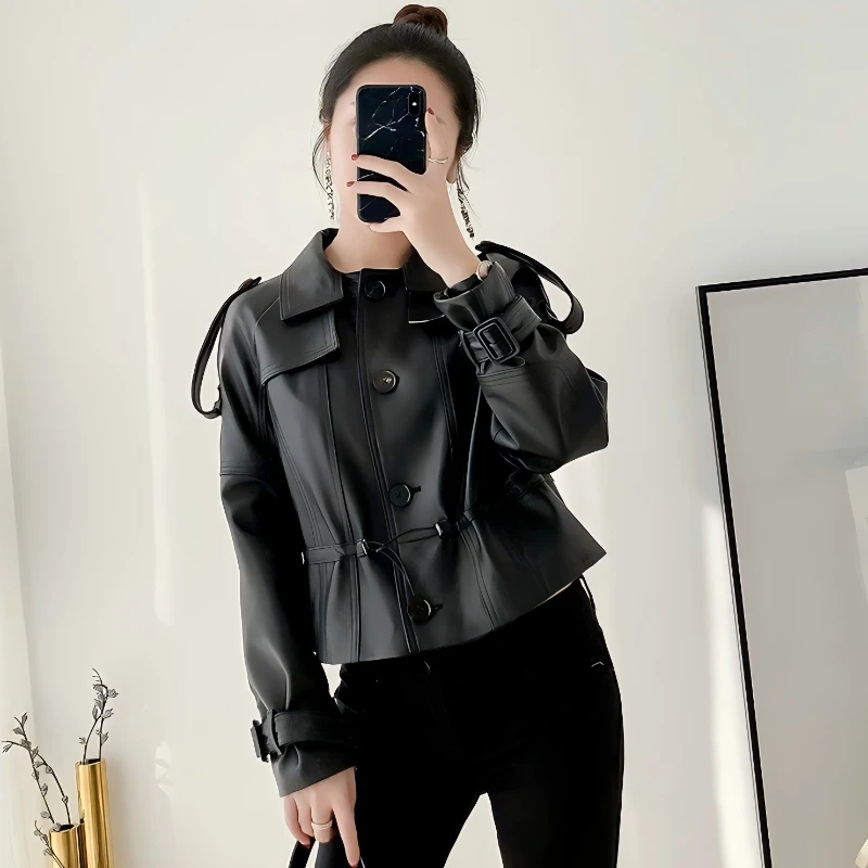 

Genuine Leather Jackets Women Spring Autumn Simple Adjustable Waist Slim Short Black Real Sheepskin Coat couro genuino feminino