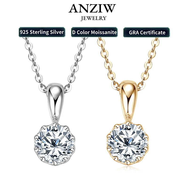 

Anziw Crown Pendant Necklace 100% Real Silver 925 Chain Round 1CT VVS1 Moissanite Necklace for Women Charm Gift Birthday Jewelry