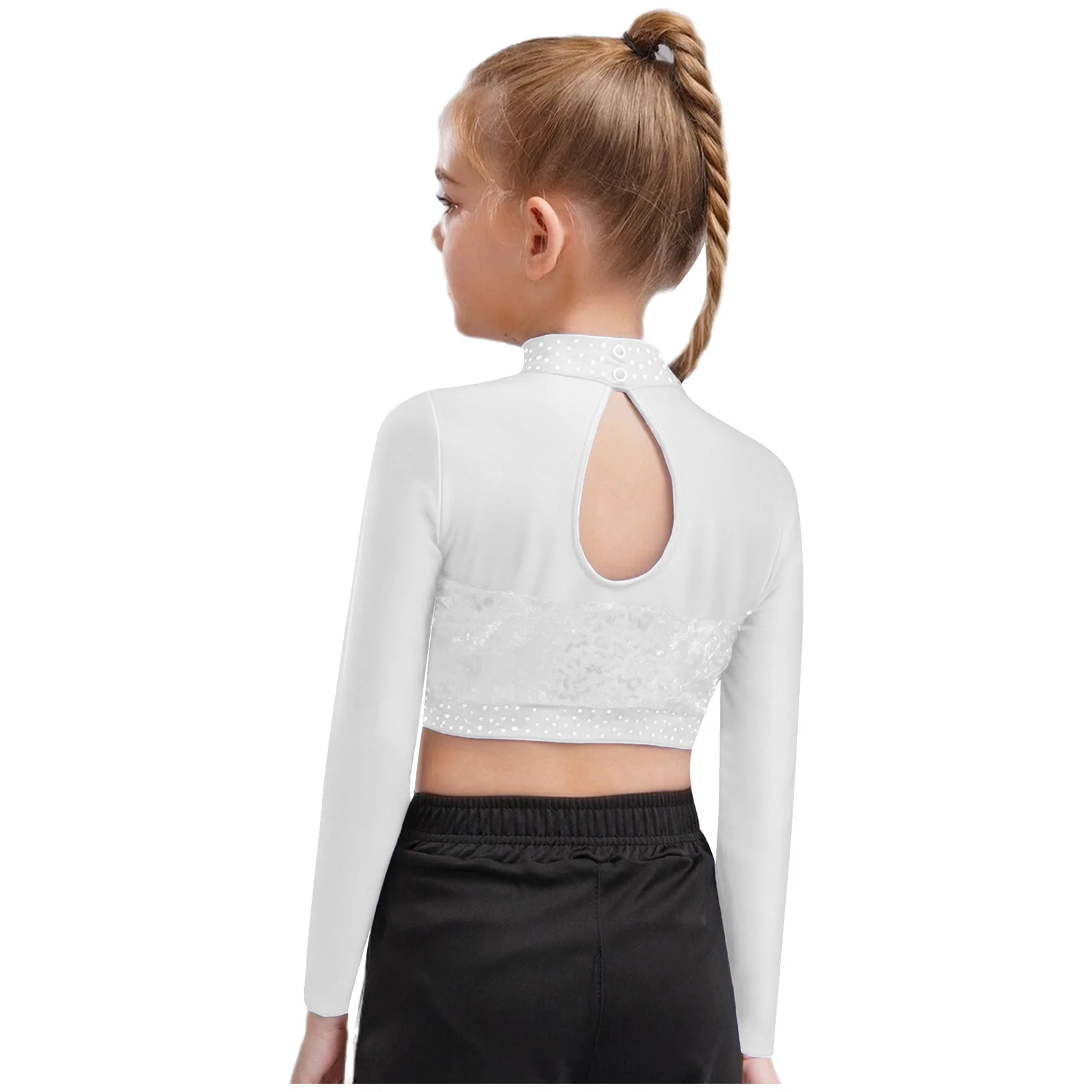 Girls Jazz Hip Hop Dance Crop Top Shiny Sequin Long Sleeve Sheer Mesh Tops for Ballet Gymnastic Figure Skating Stage Performance