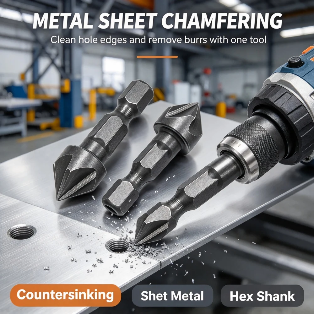 3Pcs 90° Five‑Edge Chamfer Cutter Hex Shank Countersink Drlling Bit, Wood Deburring Reaming Hole Opener Hand Drill Tool