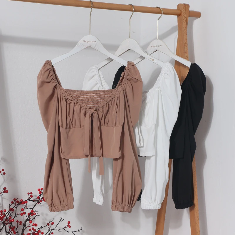 

Lace-up bow square-neck long-sleeve shirt, cropped, navel-revealing, pure-desire style, off-the-shoulder top