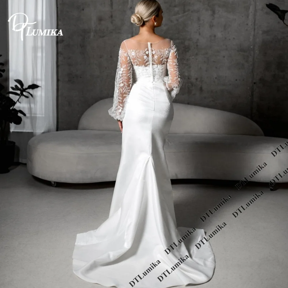 DTLumika Mermaid Bridal Gown Long Sleeves High Slit Satin Lace Details Illusion Neck Wedding Dresses for Bride 2026 Custommized