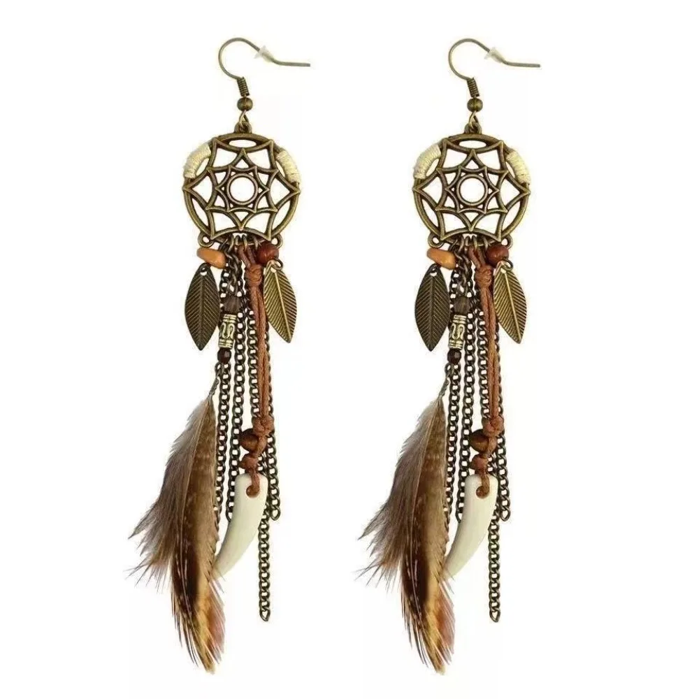 Bohemian Style Dangling Drop Earrings Antique Handmade Tassel Earrings Long Leaf Pendant Dream Catcher Earrings Vacation Jewelry
