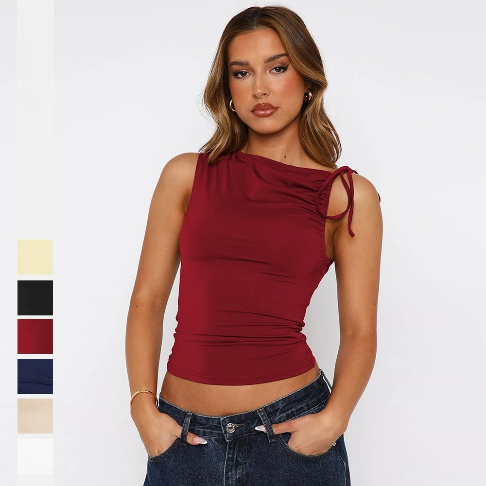 

Лето 2022, новинка, нерегулярный плечевой ремень, женский топ без рукавов на шнурке, однотонный женский топ на бретельках, складные открытые топы с пупком