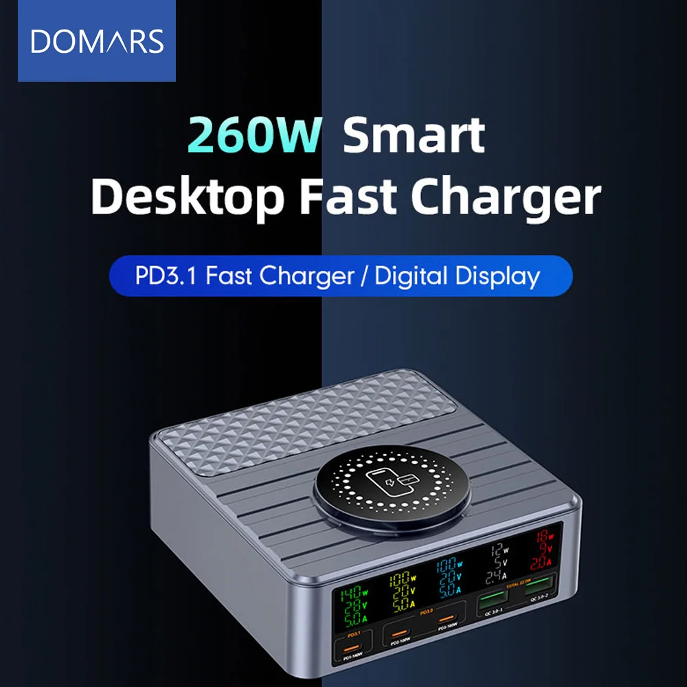 Domars 260W Desktop Charger 6 Ports USB Charger Staion Laptop Cell Phone Fast Charger QC3.0 PD3.1 Charging Cell Phone Charger