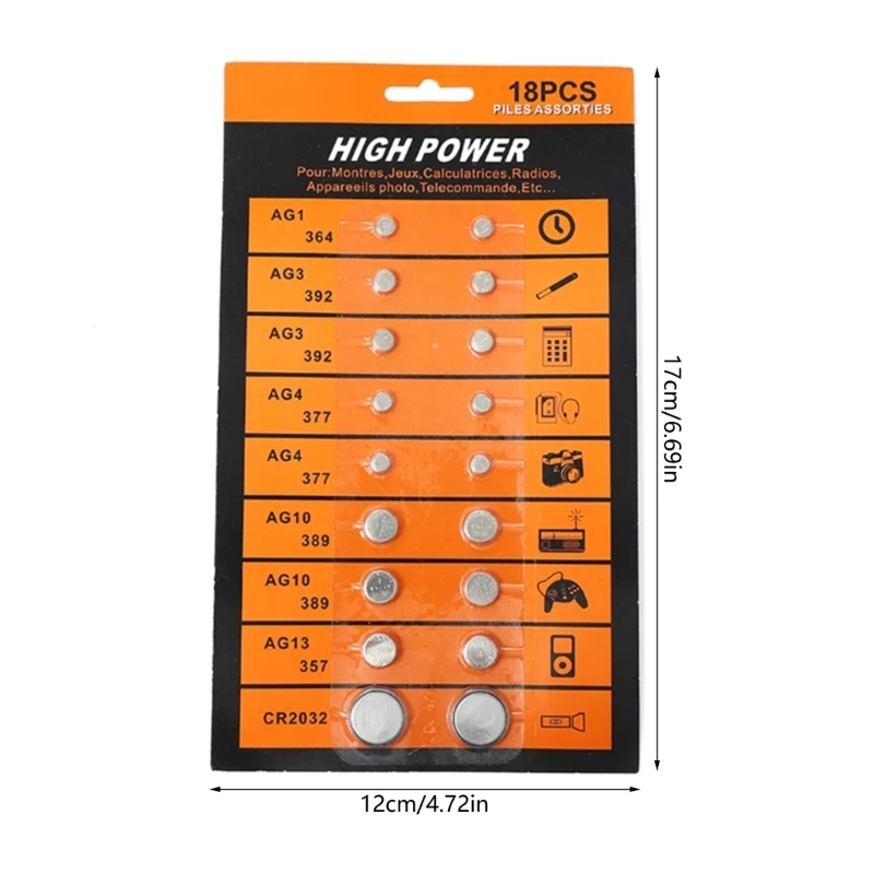 Paquete 18 pilas botón, juego pilas botón AG1/AG3/AG4/AG10/AG13/CR2032, envío directo