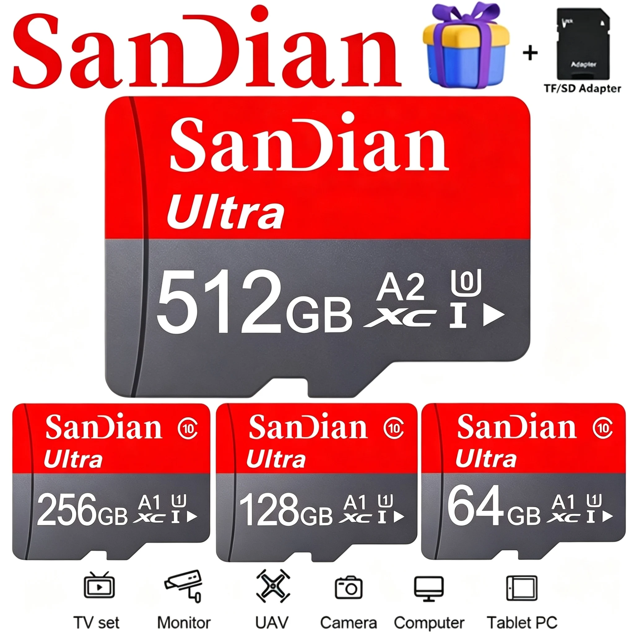 Plus TF Cards 512GB Memory Card 128GB Micro TF SD Card 64GB SD Cards for Drone/Dash Cam/Gaming Console/Router/Baby Monitor