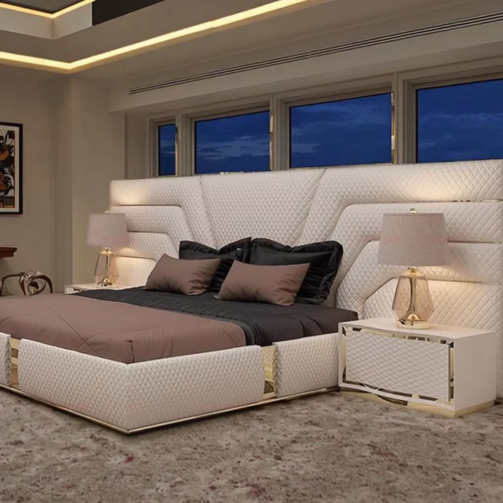 Lj Furniture Luxury أحدث تصميم مجموعة أثاث غرفة النوم النوم جلد طبيعي منجد إطار سرير مزدوج بحجم كينغ