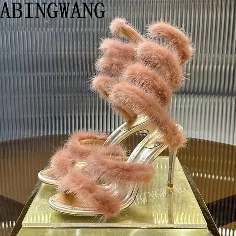 

Sexy Summer New Leathe Crystal Fur Super High Heels Sandals Buckle Strap Peep Toe Ladies Shoes Sexy Pumps Party Dress Shoes