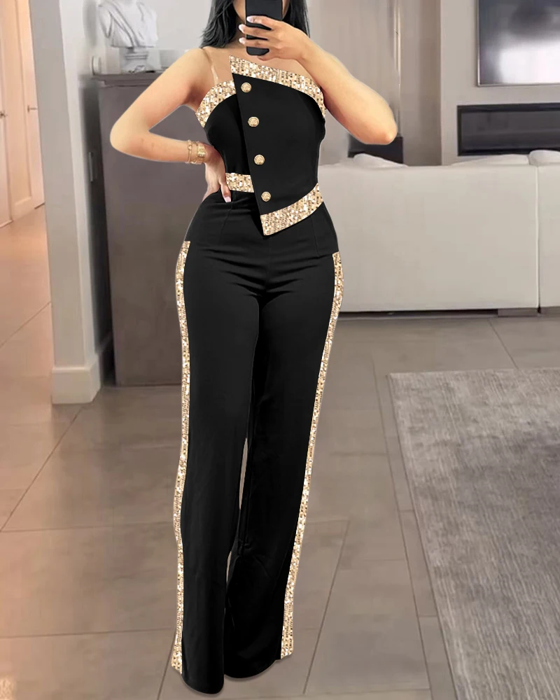 Color blocking sequined strapless jumpsuit with button decoration for casual wide leg jumpsuit