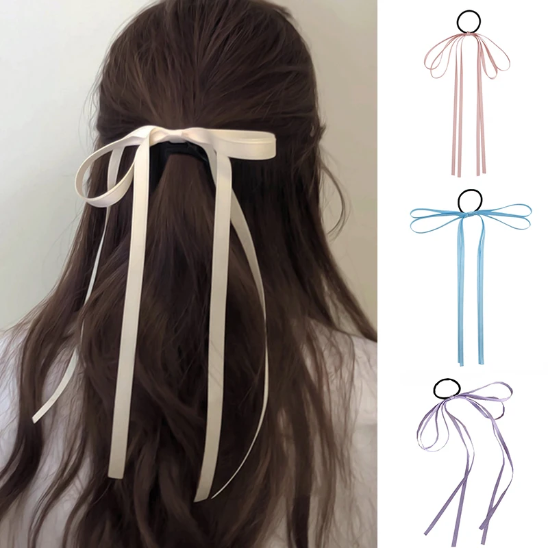 Gravata de cabelo bowknot coreana para mulheres Scrunchies, fita longa, faixas elásticas, rabo de cavalo, acessórios para cabelo, moda