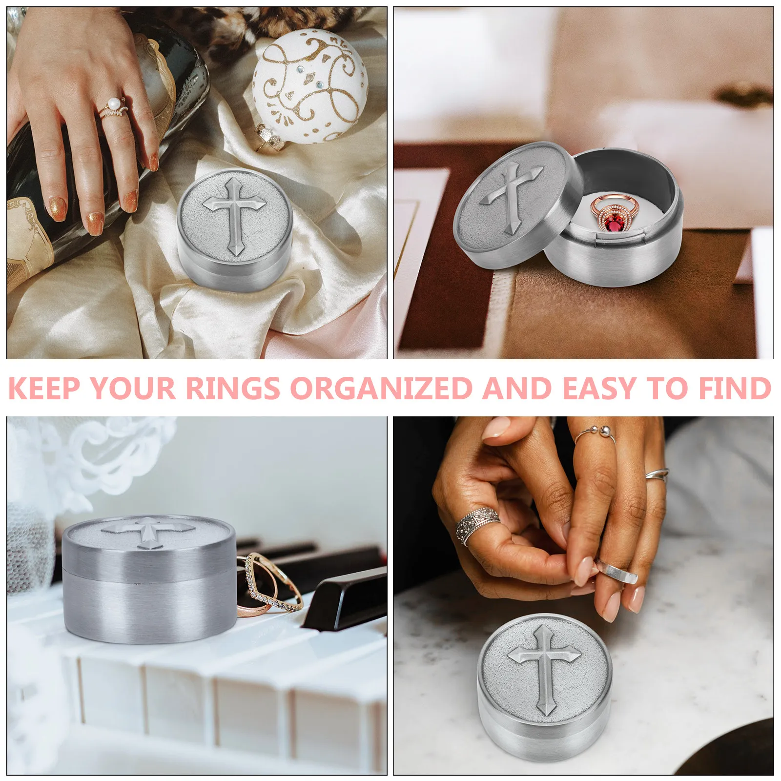 

Мини-шкатулка для колец из сплава с крестообразным узором, портативный круглый футляр для украшений, органайзер для хранения серег, шкатулка для колец с крестообразным узором
