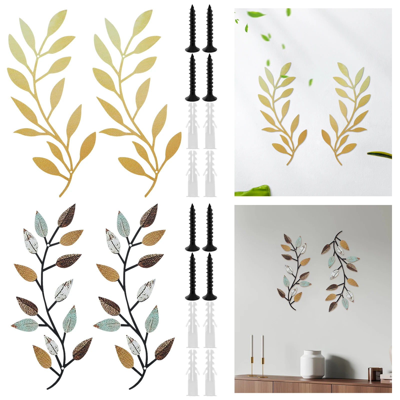 2 Pcs Metal Tree Leaf Wall Decor Decorative Vine Olive Branch Leaf Wall Art Elegant Wrought Iron Scroll for Living Room Bedroom