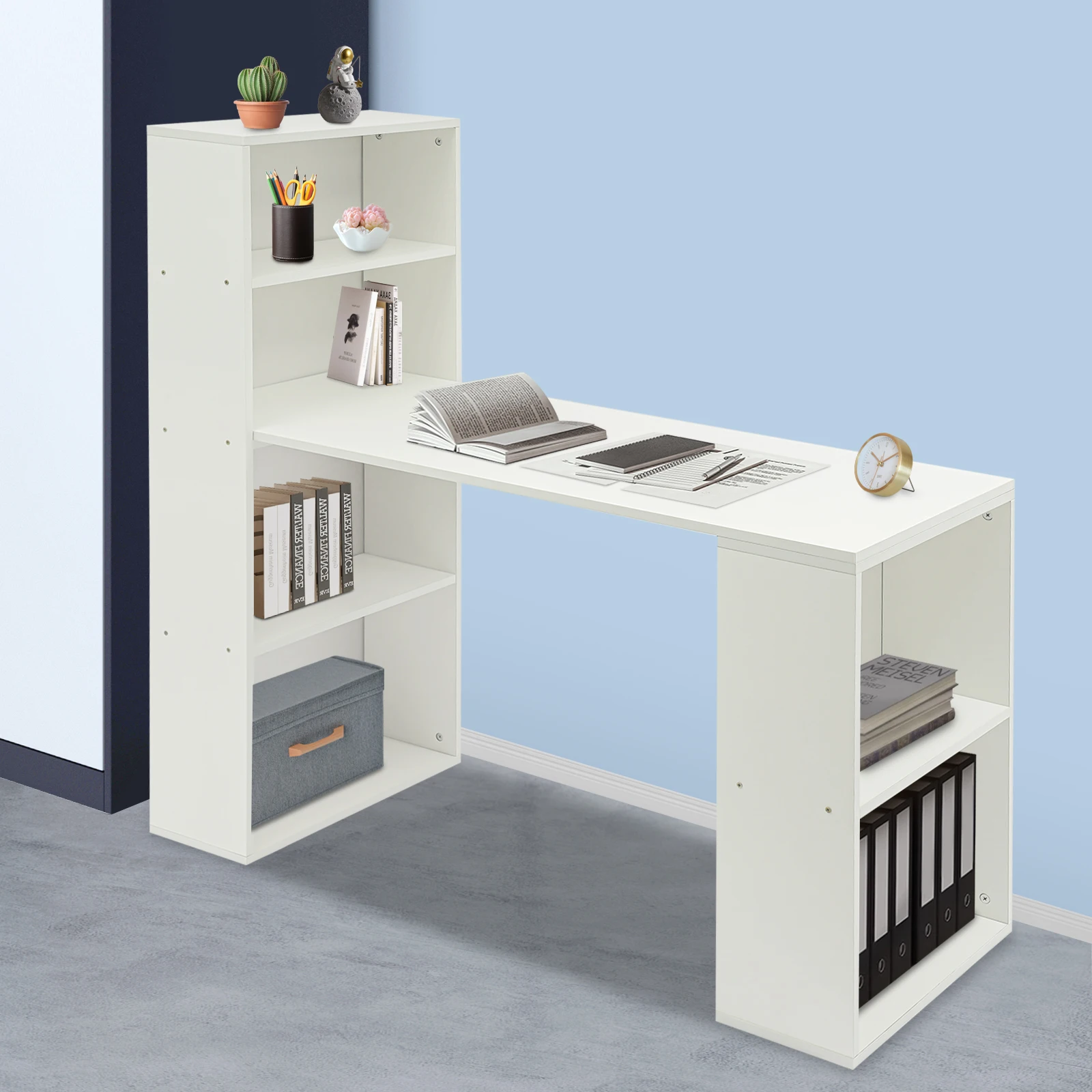 Table de chevet, bureau surélevé, bureau d'angle pour ordinateur de 120 cm avec étagères de rangement multi-niveaux, organisateur, table d'étude durable en MDF pour la maison, le bureau, la chambre, les étudiants, surface de travail spacieuse, design peu encombrant, blanc chaud