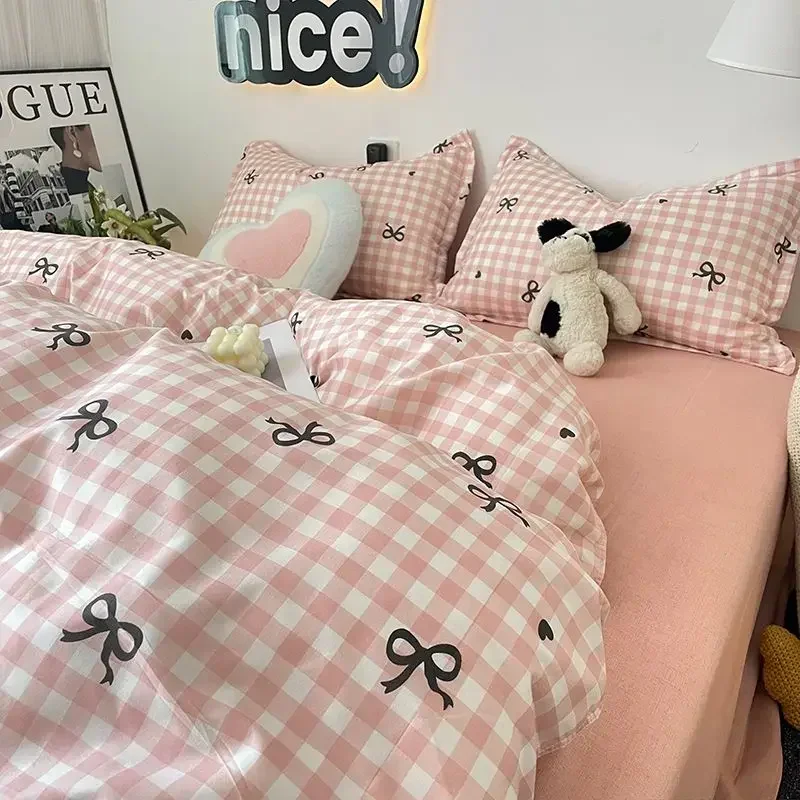 Pink Lattice Bedding Set Bowknot Duvet Cover No Filler Pillowcase Flat Sheet Kids Adult Single Double Size INS Bedspread