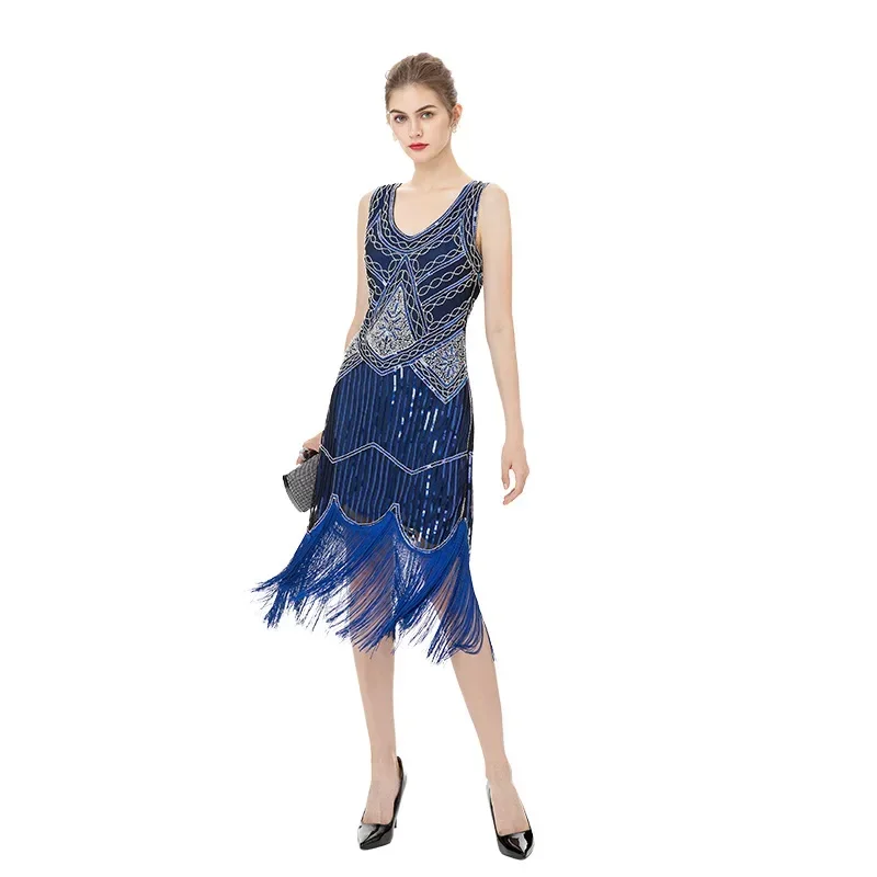 Women's 1920s Shiny Sequins Vintage Flapper Fringe Beaded Cocktail Party Dress Colour 9