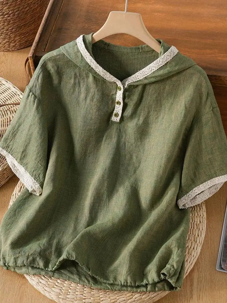 Women Vintage Literature Hooded Short Sleeve T Shirt Lace Splicing Loose Summer Plus Size Outwear Chinese Style Top CN-330