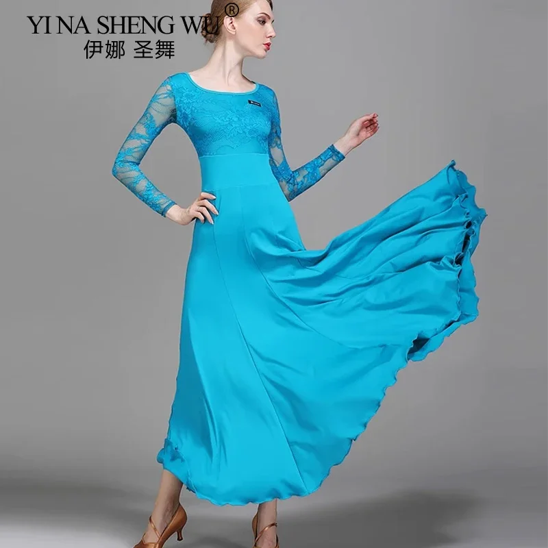 Dames Volwassen Standaard Ballroom Dans Jurk Kanten Mouw Flamenco Wals Stage Performance Rok Elegante Dansers Danskleding