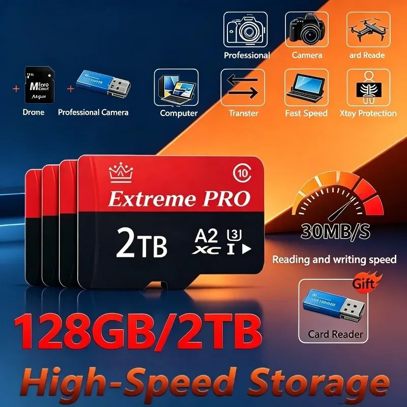 2026 New High-Speed 128GB 256GB U3 A2 V30 Flash Card with SD Adapter, UHS-I Class 10 for Android Tablets, Gaming & Phones.