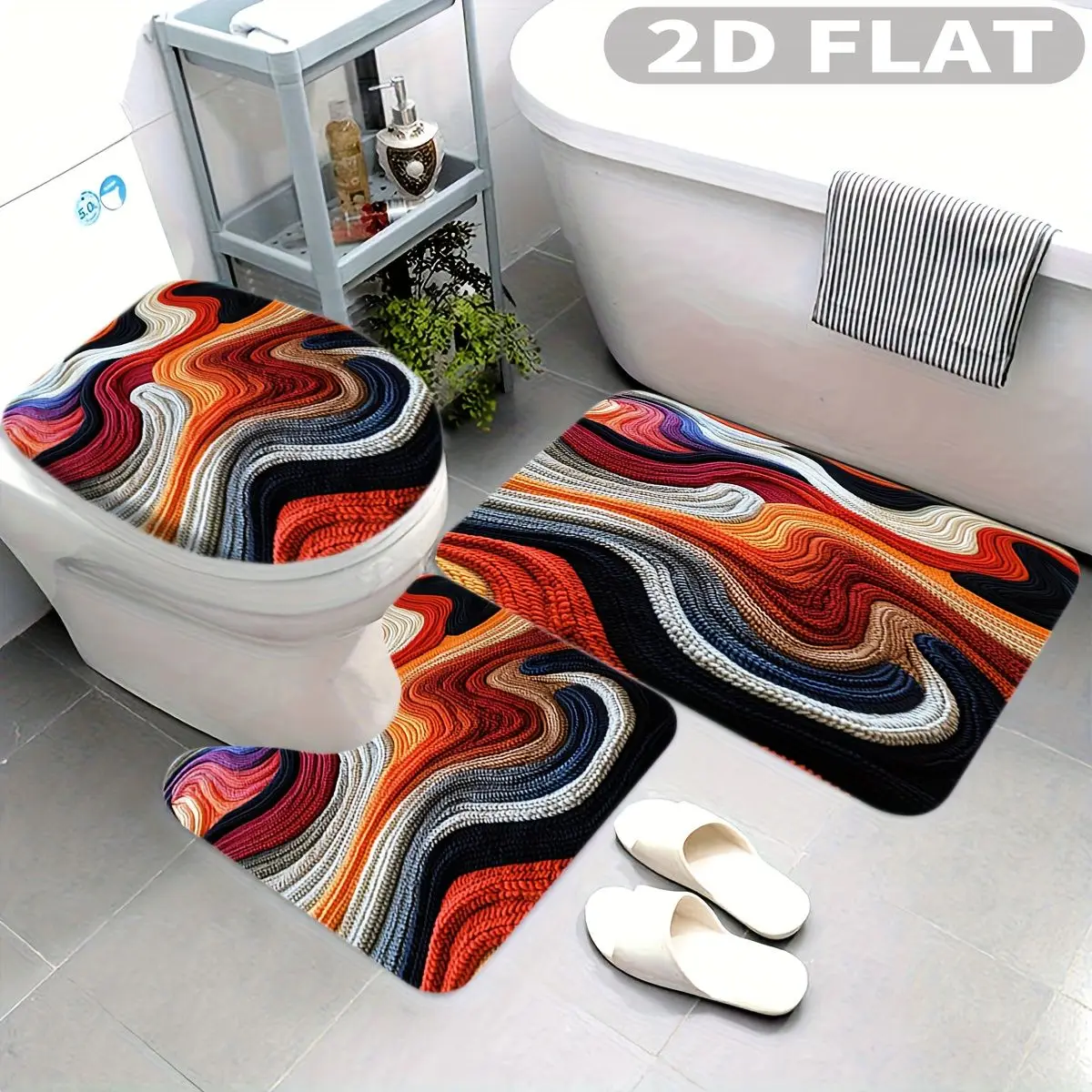 

3pcs Bathroom Rug Set Colorful Wavy Abstract Art Design Pattern Non-Slip Includes Bath Rug Contour Mat and Toilet Lid Cover Mat