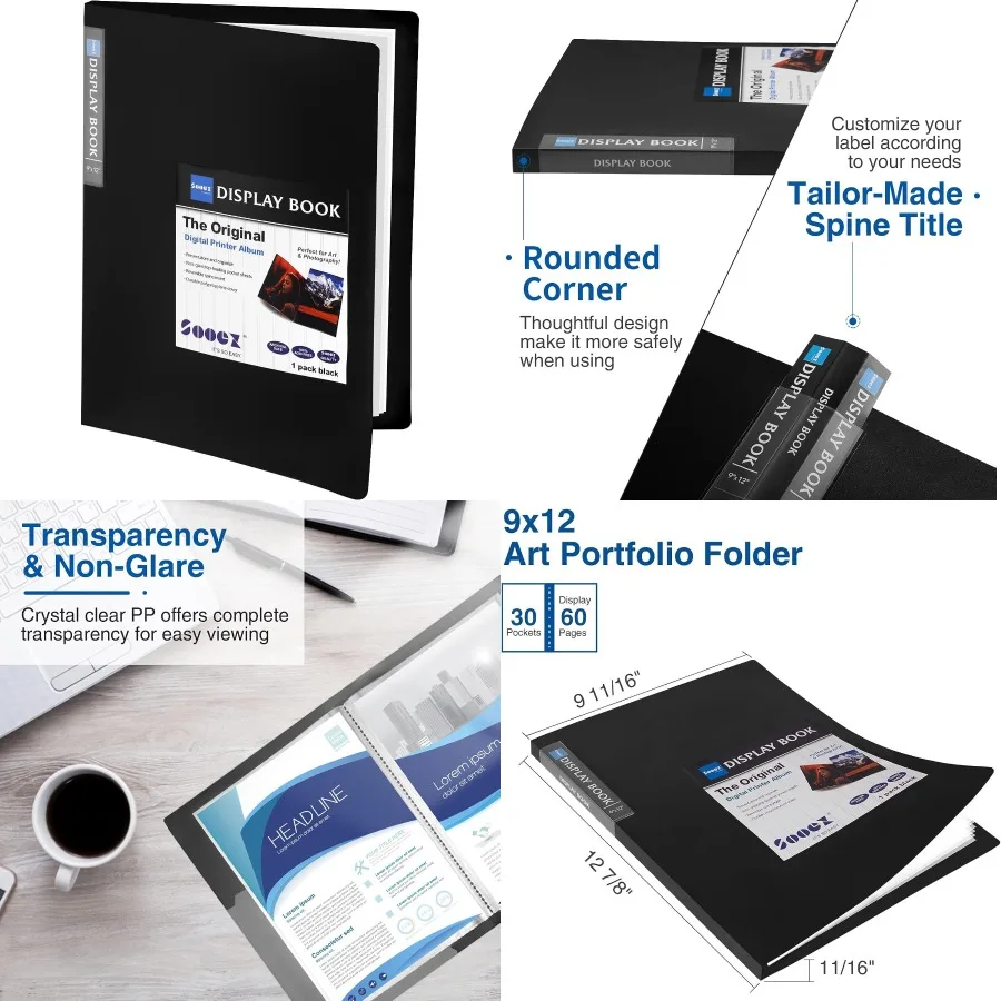 Carpeta de portafolio de arte resistente de 30 bolsillos con fundas de plástico de 9x12 en negro para exhibir hasta 60 páginas Protector de hoja transparente