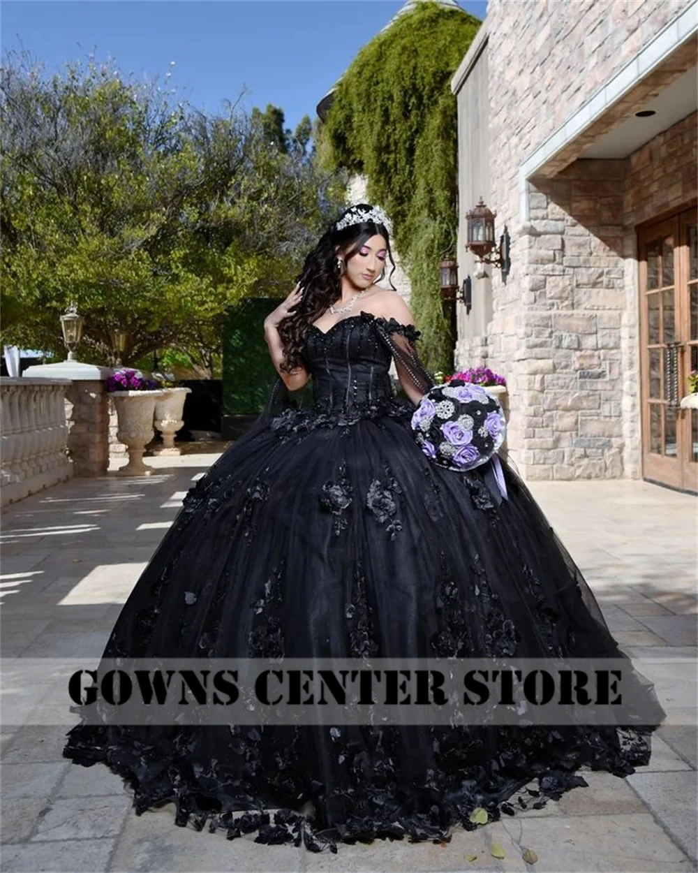 New Design 2024 Princess Black 3D Flowers Quinceanera Dress With Cape Off Shoulder Ball Gown Wedding Gowns Sweet 16 Customized