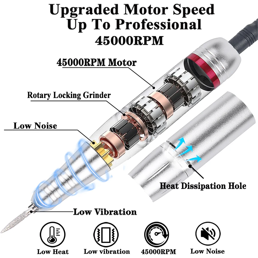 45000 U/min wiederaufladbare elektrische Nagelbohrmaschine, professionelle Nagelbohrmaschine für Gel-Nagellack, tragbare Nagelfeile, Maniküre-Werkzeug