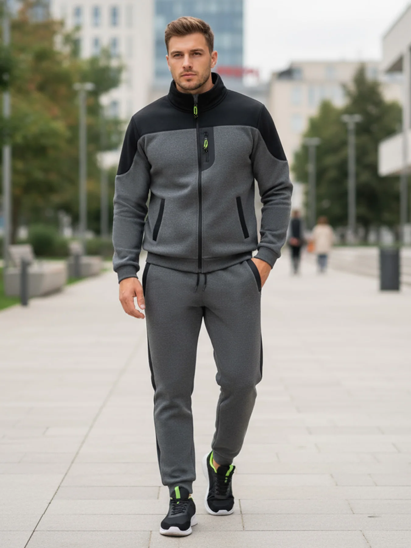 Men's Fleece-Lined Color-Blocked Stand-Collar Sports Jacket Two-Piece Set Drawstring Jogger Pants Casual Sportswear Versatile Set for Fitness, Walking, Commuting, and Home Use - view 4