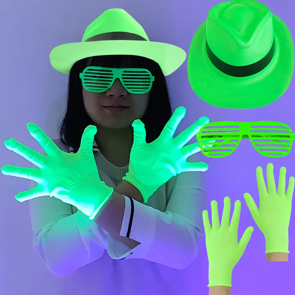 6pcs Neon Glowing Theme Party Hats Fluorescent Glasses and Gloves With UV Light Kids Birthday Music Party Decorations Supplies