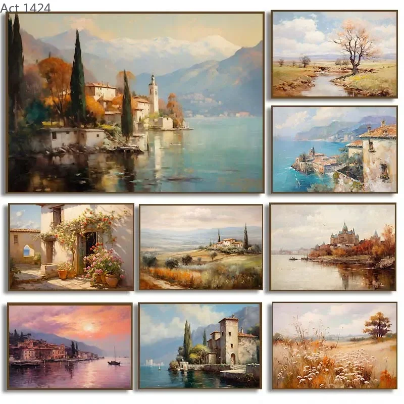 Vintage Countryside Seascape Coastal Venice Neutral Landscape Canvas Painting Print Moody Rustic Poster Living Room Home Deco