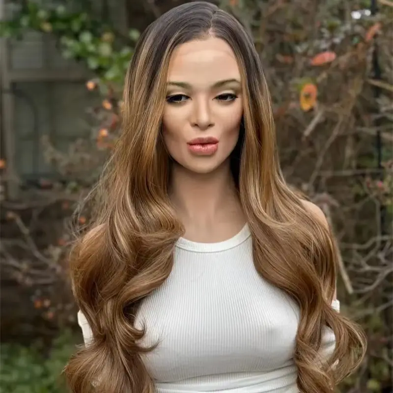 Dark Saddle Brown Maple Blonde Balayage Highlights Synthetic HD Lace Front Wig for Black Women Preplucked Hairline