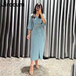 Jirocum Small V Neck Prom Dress Women's Beaded Three Quarter Sleeve customized Evening Gown Tea Length Formal Occasion Gowns