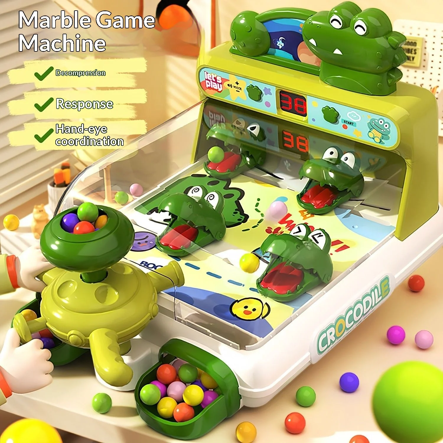 Children's pinball game machine with flashing lights, scoring system, interactive puzzle toy for boys on the pinball table