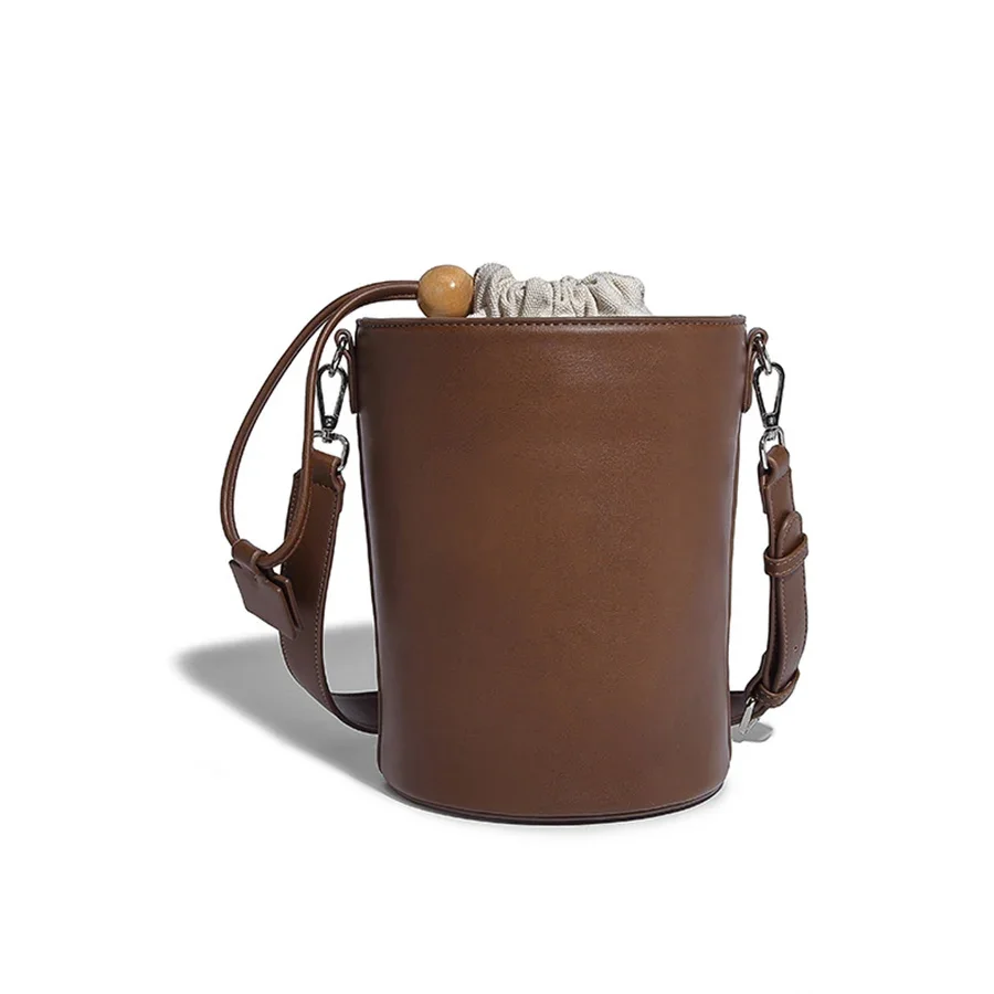 

Korean Drawstring Cylinder Design Bucket Bag Female Solid Purse Handbags Fashion Trend Pu Leather Single Shoulder Crossbody Bags