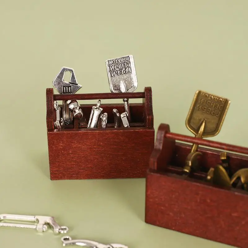 1:12 Dollhouse Scale Miniature Tool Kit, Metal Hammer Pliers Wrench Set with Wooden Box for DIY Dollhouse Accessory Making