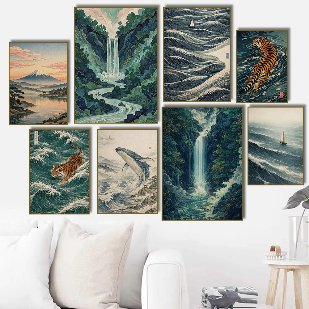 Multiple sizes 1pc frameless Canvas Painting,Japanese Wave Sailboat Waterfall Blue Forest Landscape Poster Canvas Painting Print