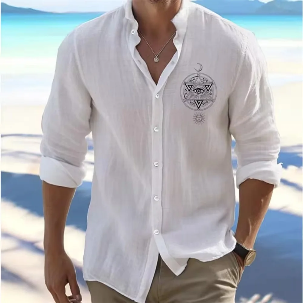 

New summer men's linen shirt, beach shirt, long sleeved, solid color, Hawaiian vacation casual long sleeved shirt