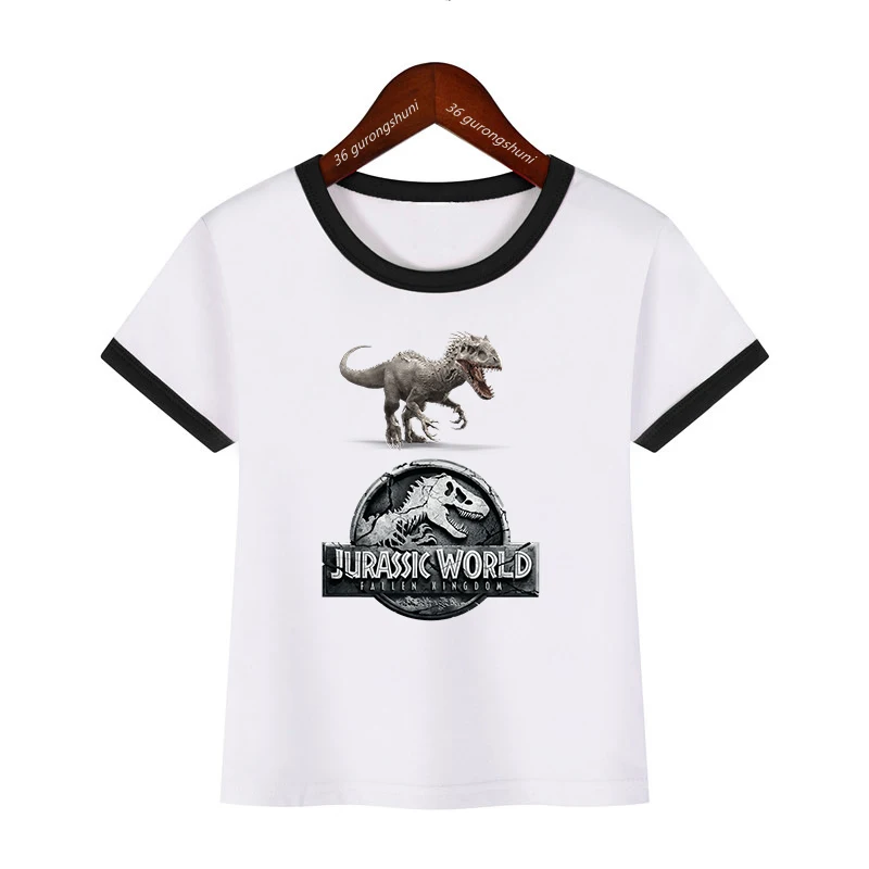 2024 świat jurajski t-shirt z Logo dinozaura nadruk kreskówkowy tyranozaura Rex dla chłopców dziewczyny prezent dla dzieci ubrania czarna strona topy