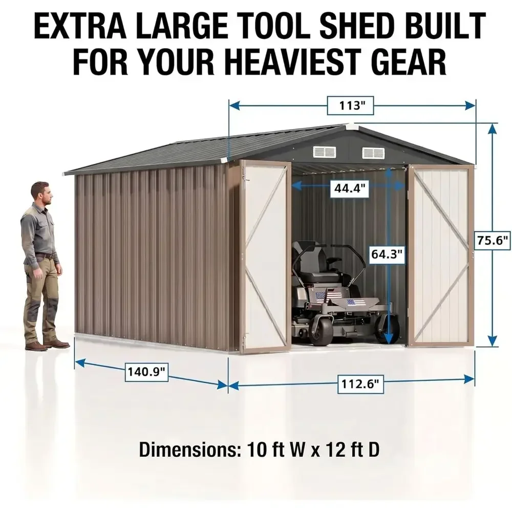 8x12 Outdoor Metal Storage Shed with Lockable Door and Sloping Roof - Ideal for Utility, Garden, or Patio (Brown)