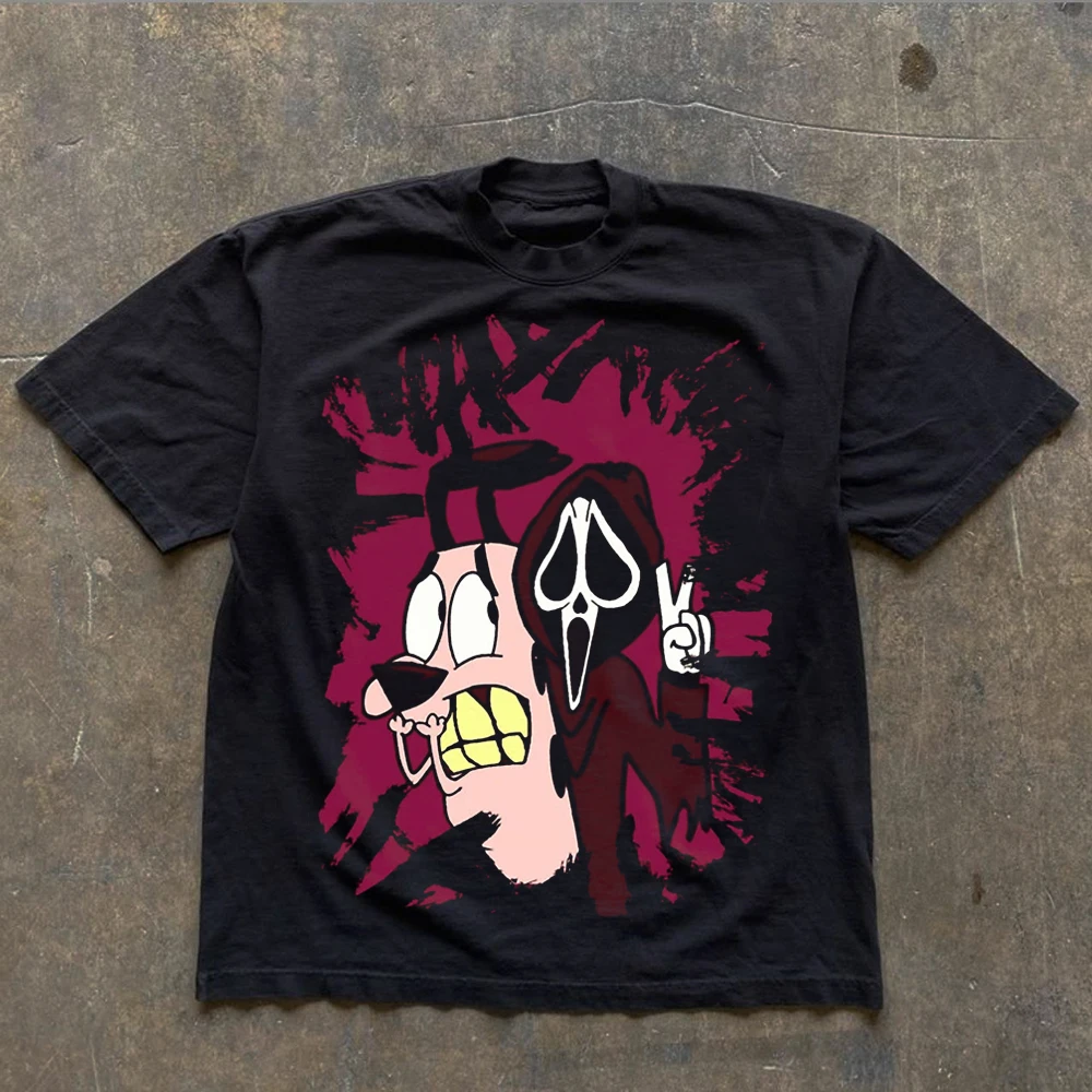 Vintage Courage the Cowardly Dog Cartoon Print Short Sleeve T-Shirt Retro Unisex Graphic Tee 90s Nostalgia Summer Streetwear Top