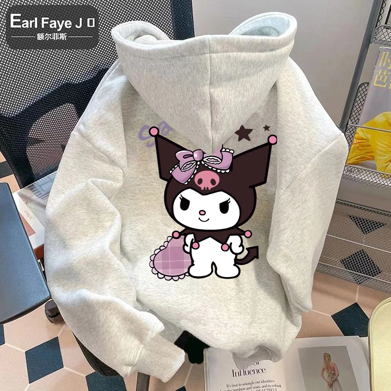 

Женская толстовка с капюшоном Sanrio Kuromi, модная и крутая бархатная Свободная куртка с капюшоном из серебристой лисы для осени и зимы