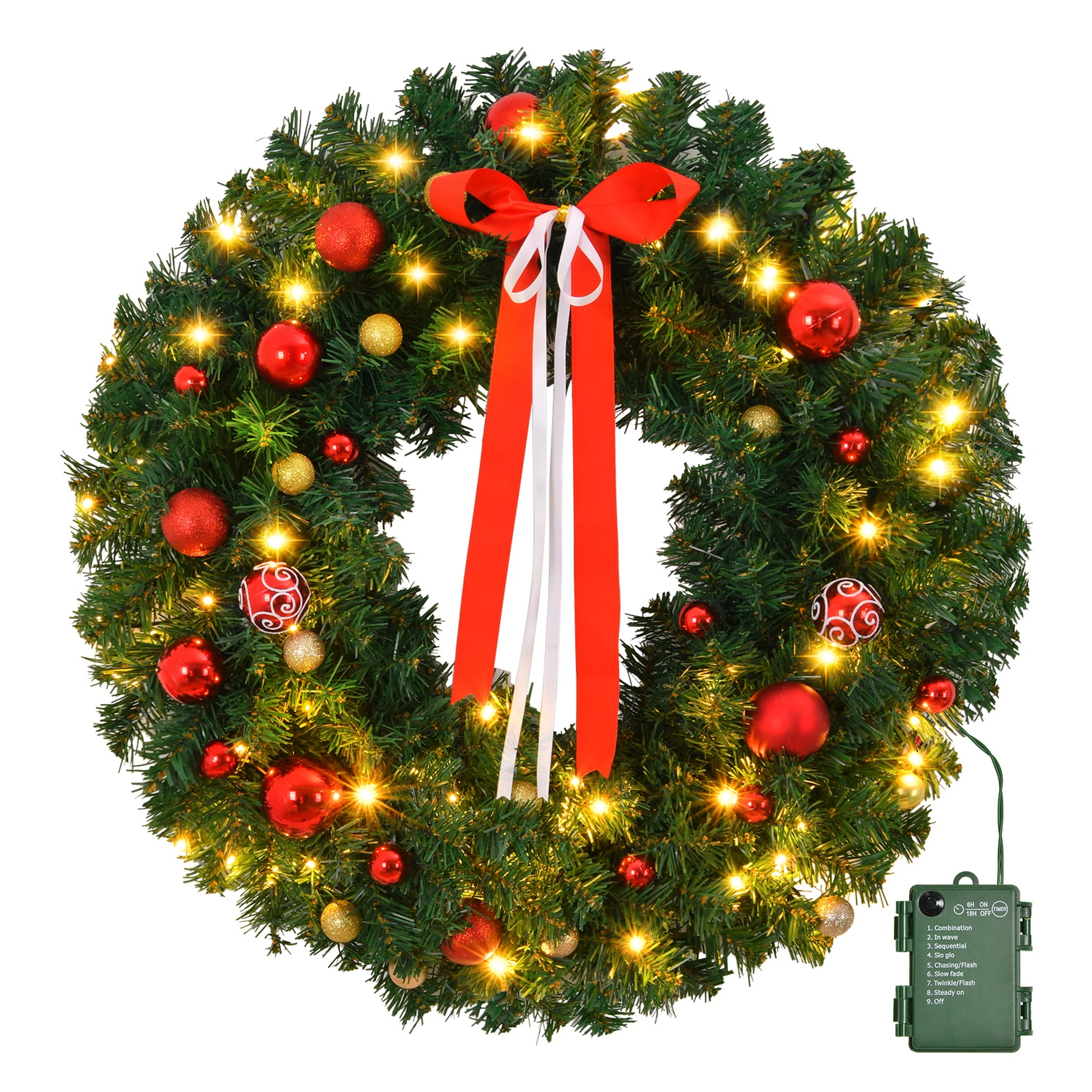 36in Pre-lit Battery Powered Christmas Wreath, Lighted Artificial Xmas Wreath with 80 Warm Lights