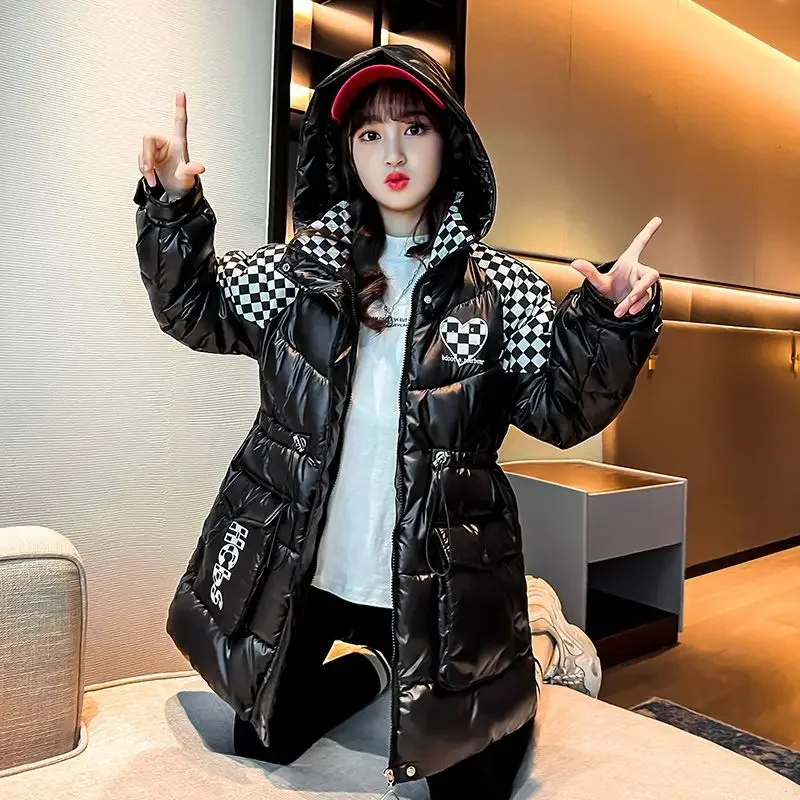 2024 New Winter Parkas Jacket for Girls Plaid Coat Waterproof Shiny Hooded Children Outerwear 4 To14 Year Teenage Kids Snowsuit